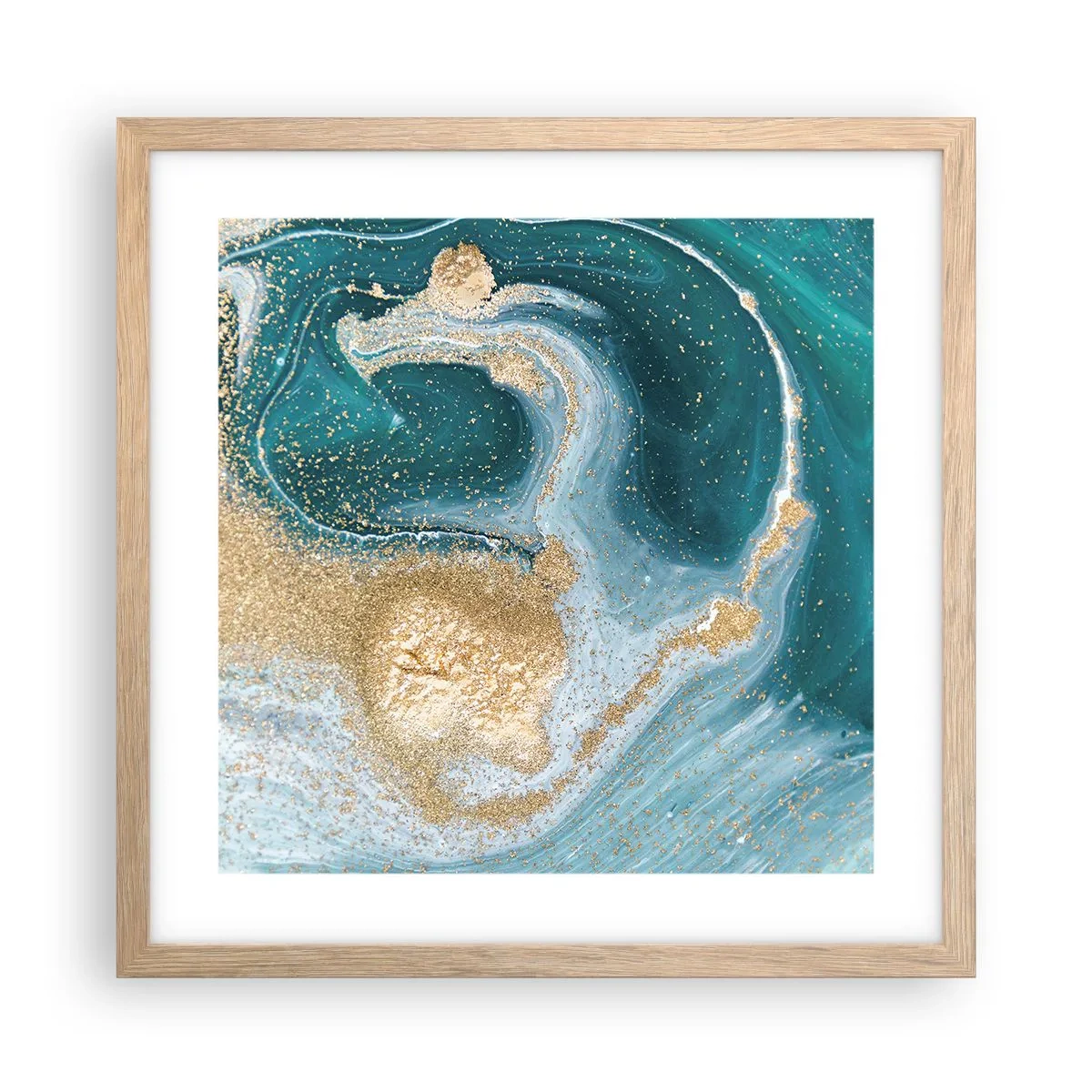 Poszter világos tölgy keretben - Arany és türkiz örvénye - 40x40 cm