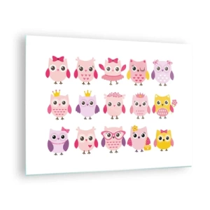 Üveg kép - Színes baglyok különböző mintákban fehér alapon - 70x50cm - Egyik édesebb, mint a másik - Modern fali dekoráció nappalihoz és hálószobához ARTTOR