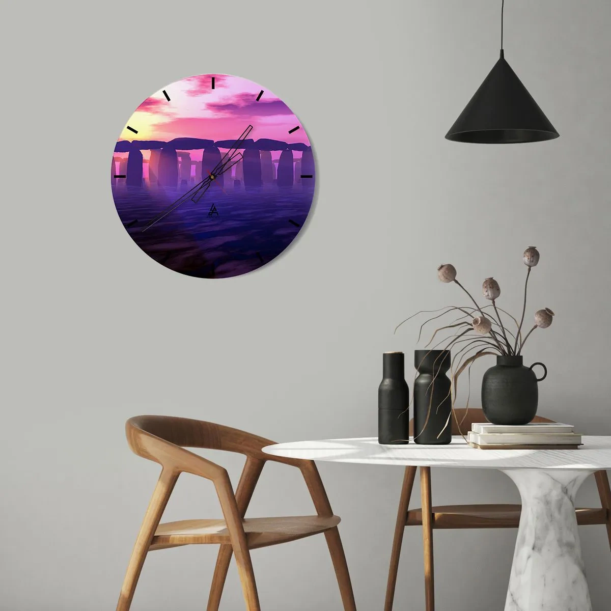 Falióra, Óra - Egy kőkör a lenyugvó nap fényében - 30x30cm - Hajnali rejtély a ködben - Modern fali dekoráció nappalihoz, konyhához és hálószobához ARTTOR