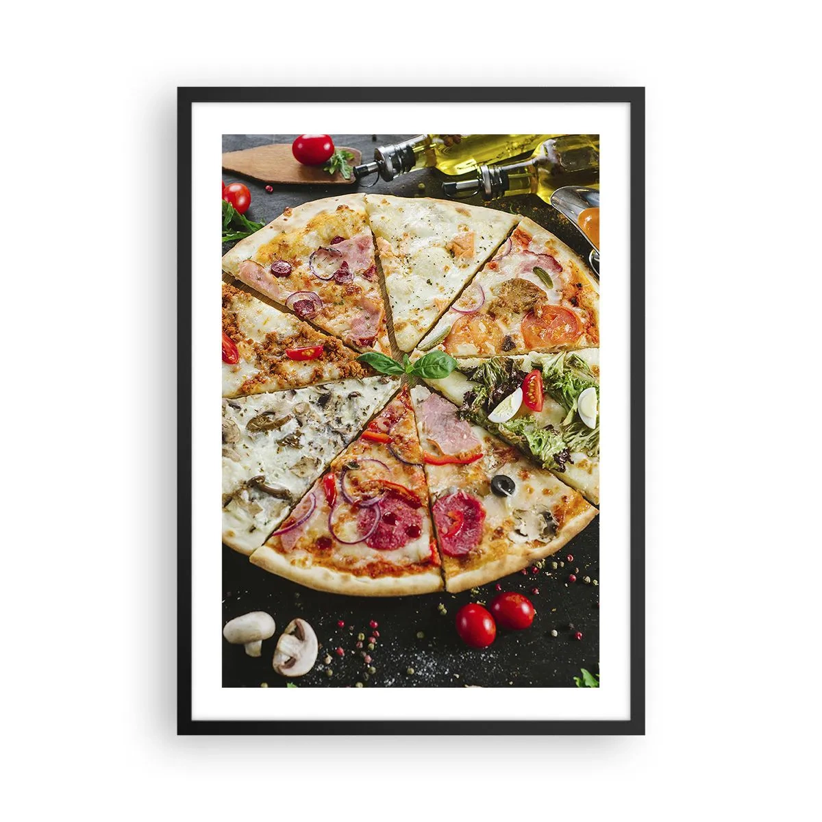 Poszter fehér keretben - Színes pizza különböző darabokra osztva - 50x70cm - Ízek palettája - Modern fali dekoráció nappalihoz és hálószobához ARTTOR