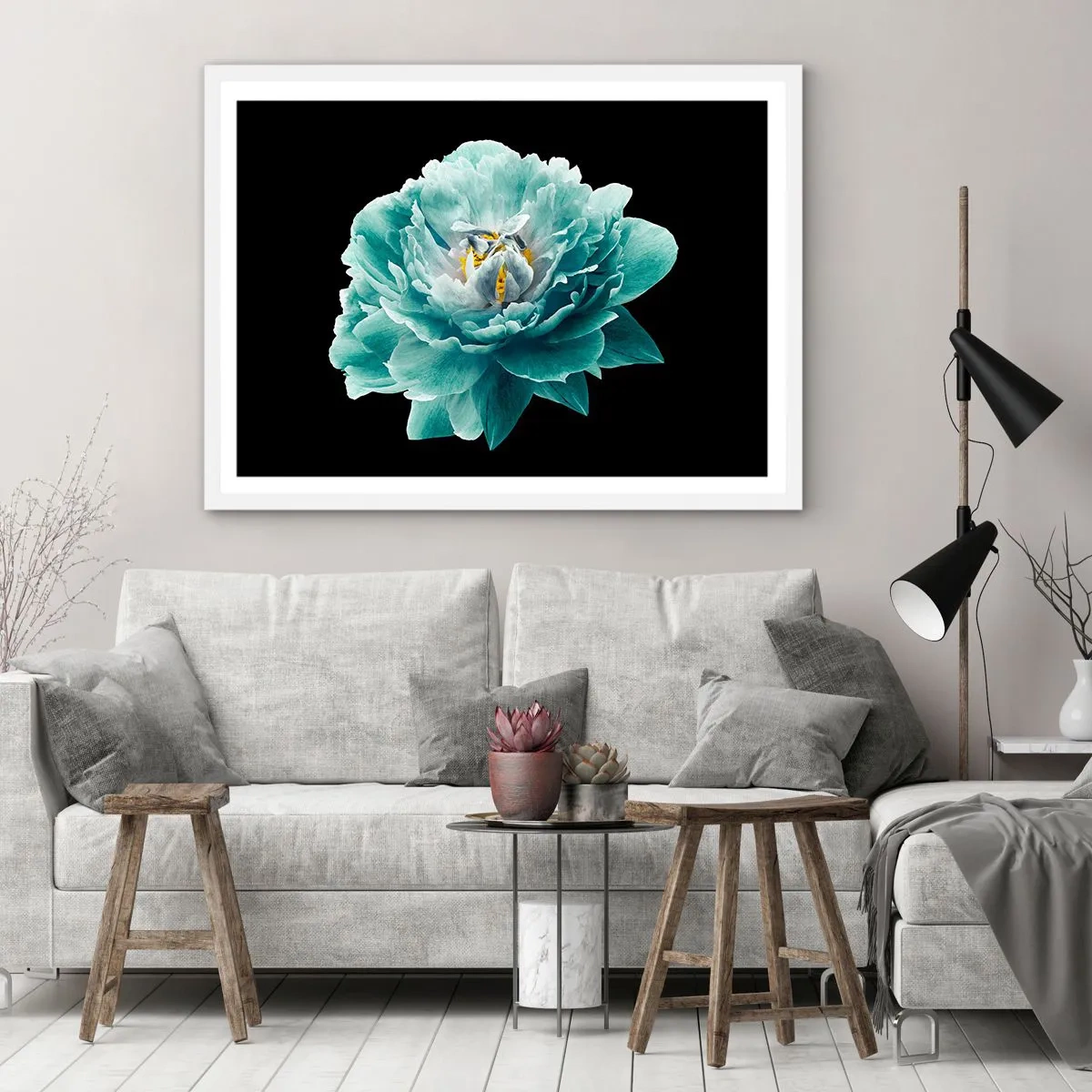 Poszter fekete keretben - Kék és arany szirmok - 100x70 cm