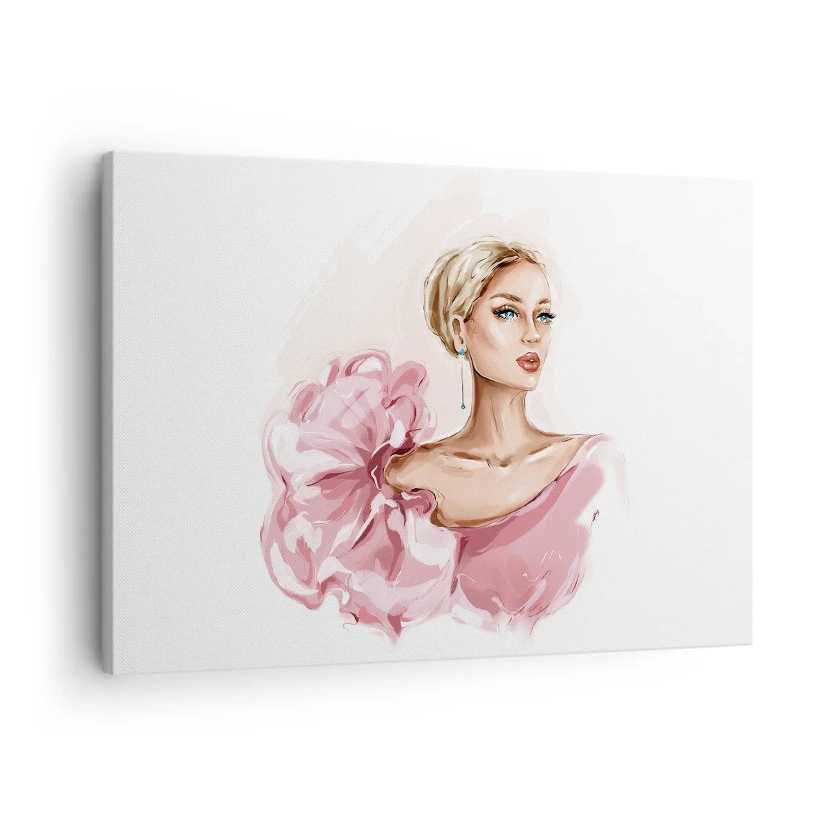 Vászonkép - Portré egy nőről rózsaszín ruhában világos háttér előtt - 70x50cm - Mintha festett lenne… - Modern fali dekoráció nappalihoz és hálószobához ARTTOR