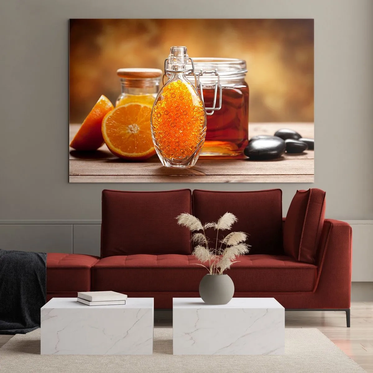 Üveg kép - Egy üveg olaj és egy narancs egy fából készült asztalon - 70x50cm - Napos ízek és aromák - Modern fali dekoráció nappalihoz és hálószobához ARTTOR