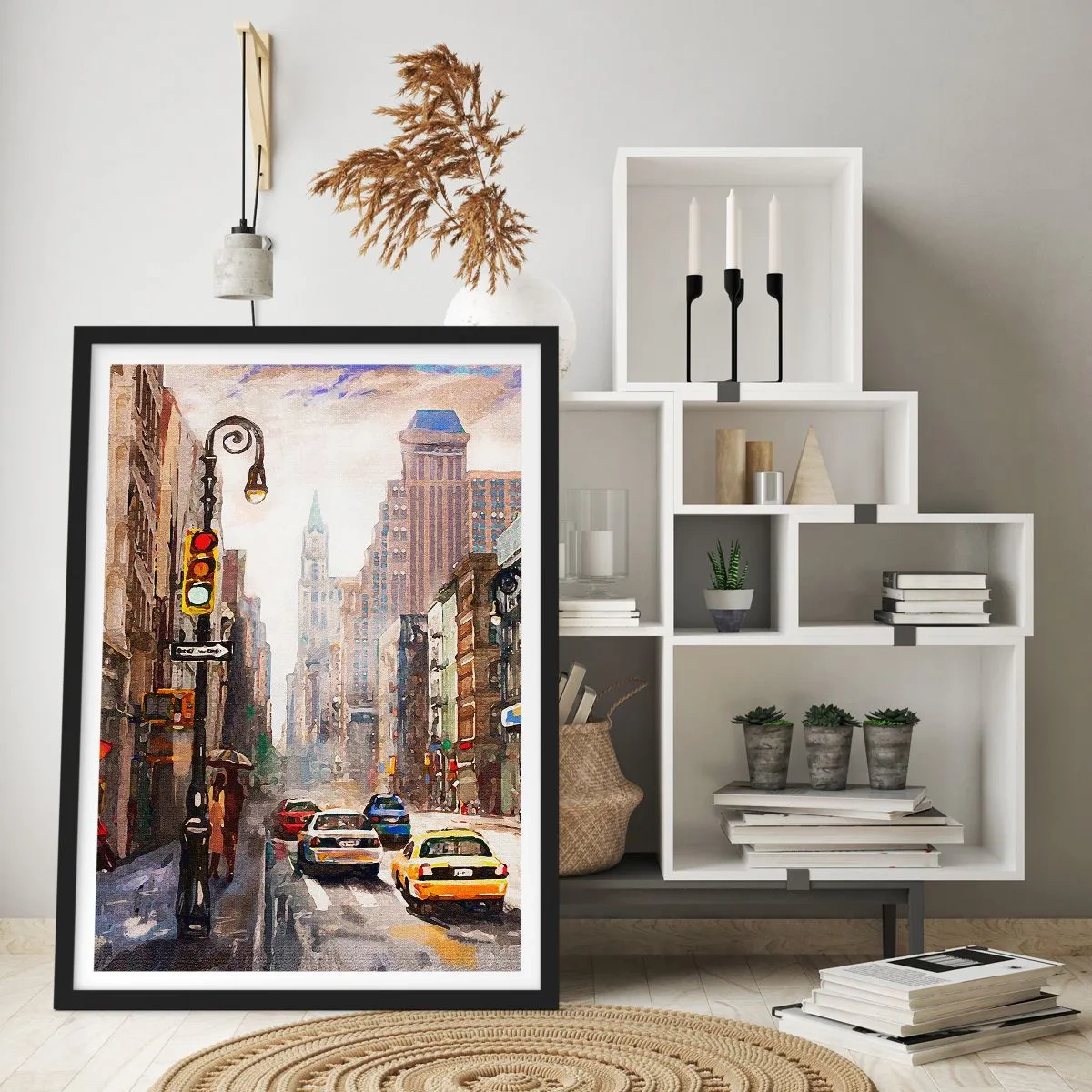 Poszter fehér keretben - Városi utca autókkal és közlekedési lámpákkal - 50x70cm - New York – esőben is színes - Modern fali dekoráció nappalihoz és hálószobához ARTTOR