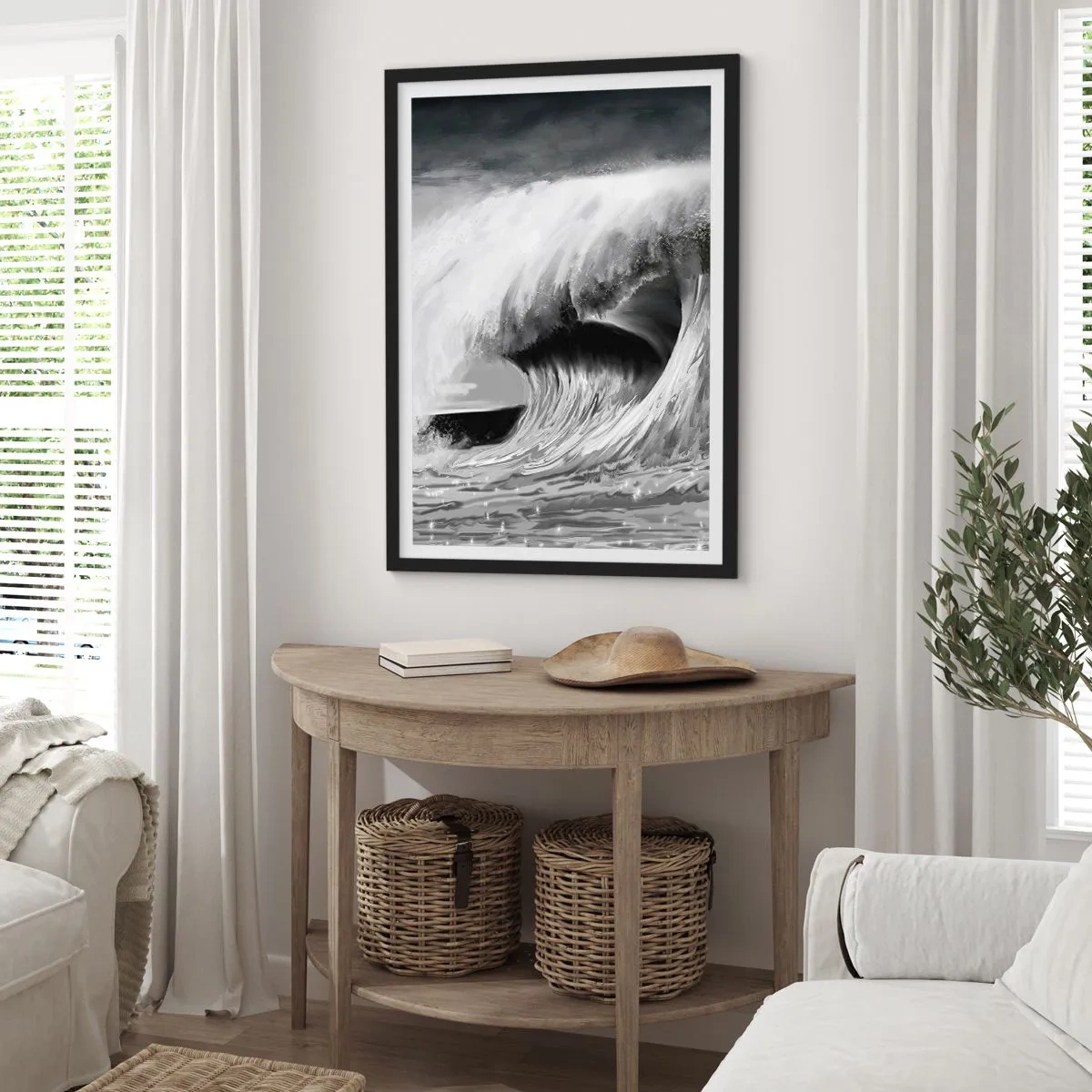 Poszter fehér keretben - Egy erőteljes hullám szürke árnyalatokban - 50x70cm - Az óceán haragja - Modern fali dekoráció nappalihoz és hálószobához ARTTOR
