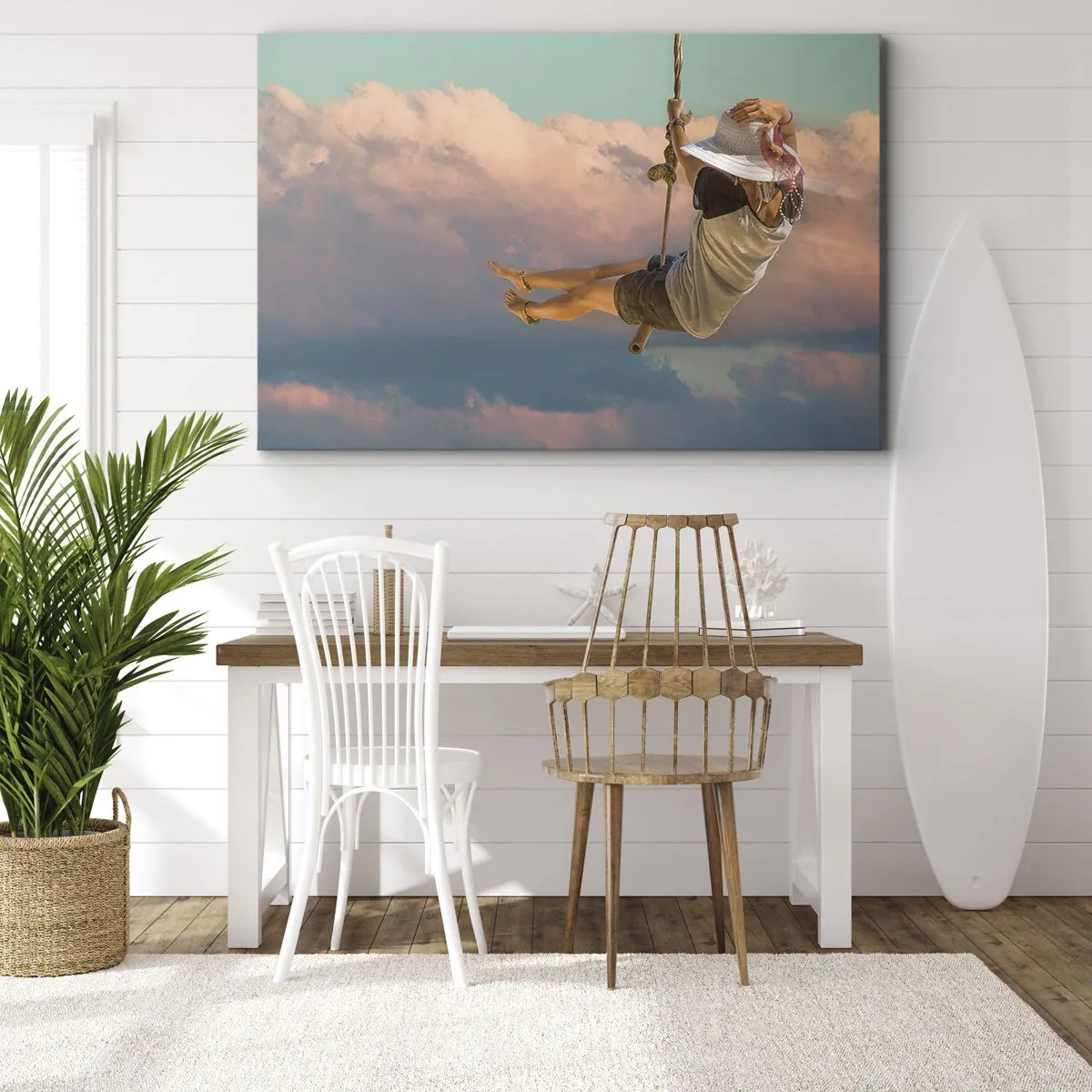 Vászonkép - Nő hintán rózsaszín felhők között - 70x50cm - Szórakozás a fellegekben - Modern fali dekoráció nappalihoz és hálószobához ARTTOR