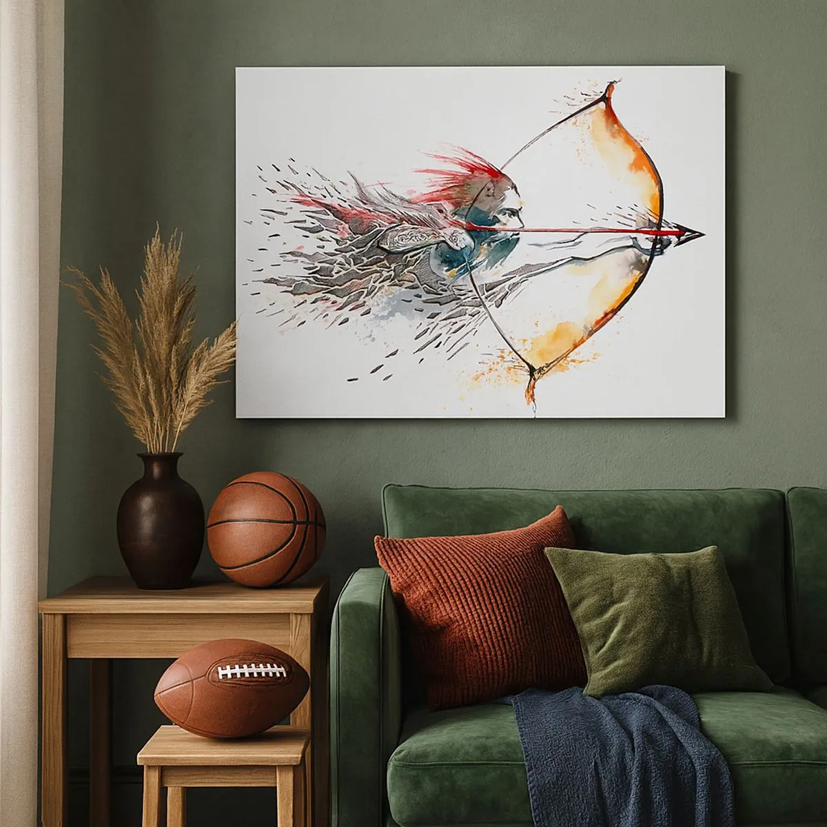 Vászonkép - Dinamikus akvarellfestmény egy harcosról íjjal és nyíllal - 70x50cm - Mitikus harcos tüzes íjjal - Modern fali dekoráció nappalihoz és hálószobához ARTTOR