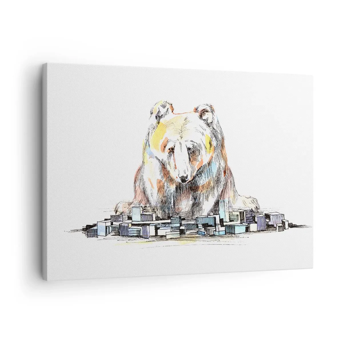Vászonkép - Medve illusztrációja színes részletekkel és blokkokkal - 70x50cm - Hogy lehet így élni? - Modern fali dekoráció nappalihoz és hálószobához ARTTOR