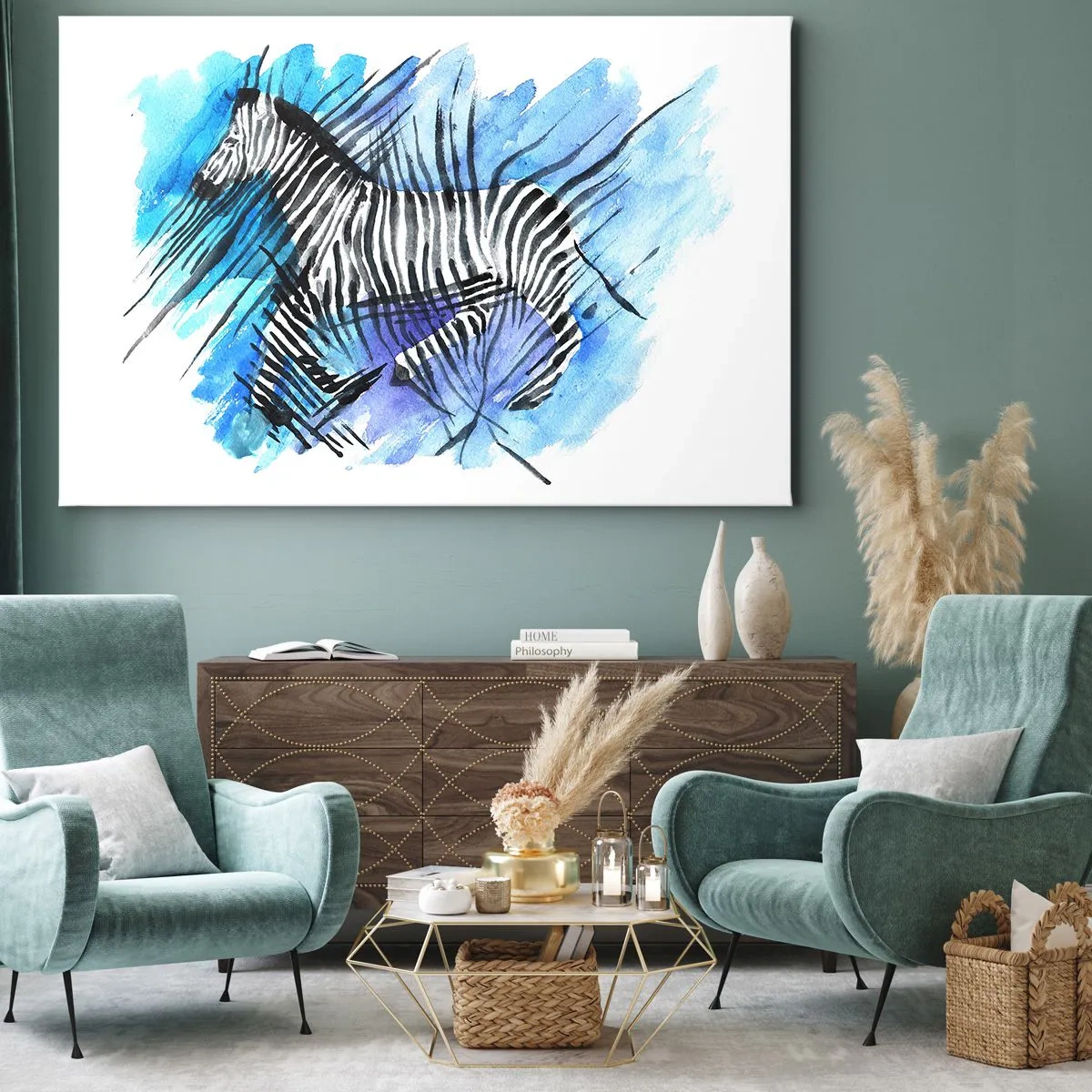 Vászonkép - Akvarell illusztráció egy zebráról a kék ég ellen - 70x50cm - Csíkokba rejtve - Modern fali dekoráció nappalihoz és hálószobához ARTTOR