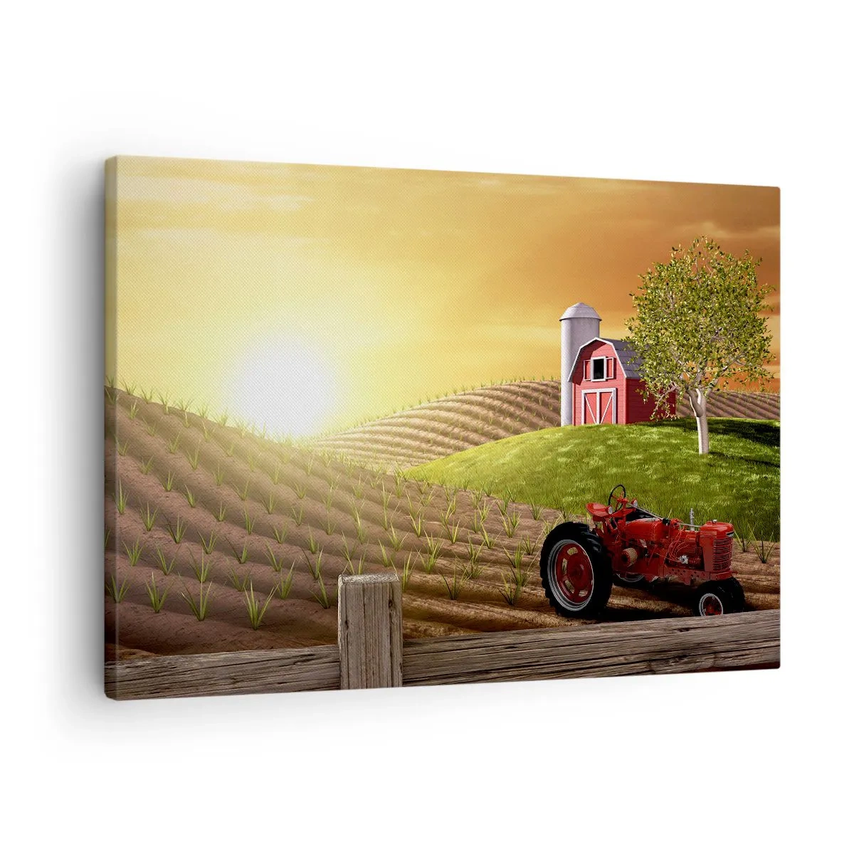 Vászonkép - Vidéki táj piros pajtával, traktorral és napfelkeltével - 70x50cm - Tanya, mint a meséből - Modern fali dekoráció nappalihoz és hálószobához ARTTOR