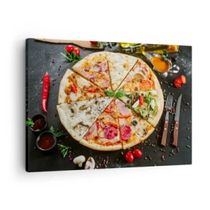 Vászonkép - Különböző ízű pizza, feltétekkel a háttérben - 70x50cm - Ízek palettája - Modern fali dekoráció nappalihoz és hálószobához ARTTOR