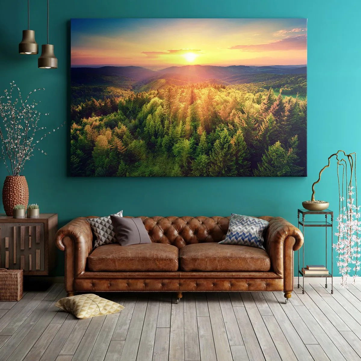 Vászonkép - Erdői táj naplementével a dombok felett - 70x50cm - Hegytetők és csúcsok - Modern fali dekoráció nappalihoz és hálószobához ARTTOR