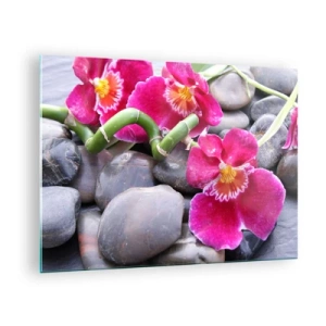 Üveg kép - Rózsaszín orchideák bambusszal a köveken - 70x50cm - Hideg és forró - Modern fali dekoráció nappalihoz és hálószobához ARTTOR