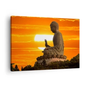 Vászonkép - Egy buddhista szobor narancssárga naplemente hátterében - 70x50cm - Félelem nélkül a világtól - Modern fali dekoráció nappalihoz és hálószobához ARTTOR