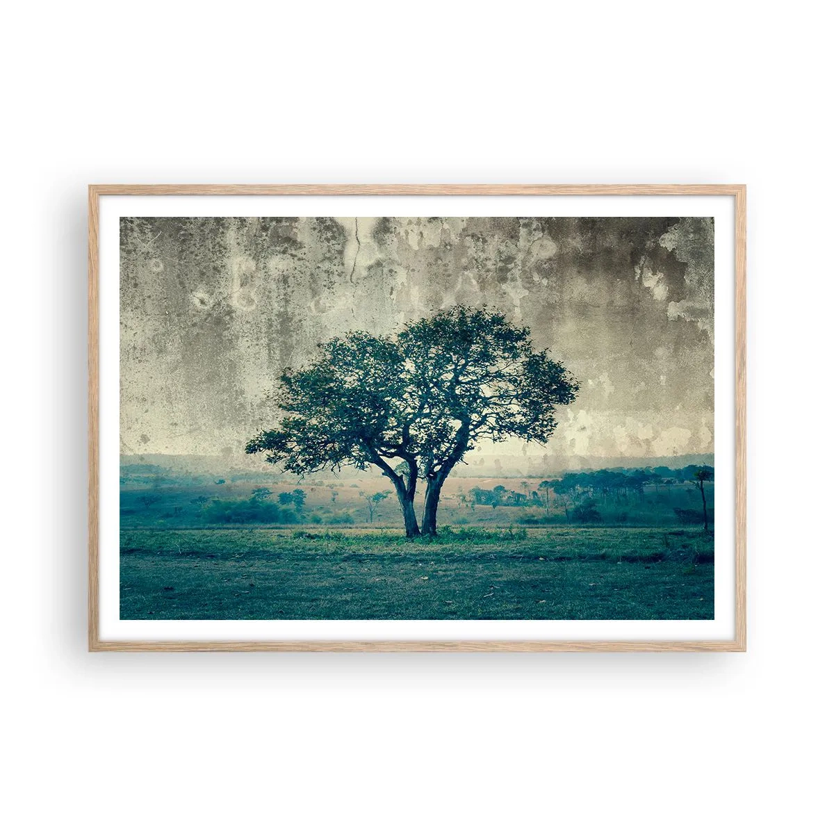 Poszter világos tölgy keretben - Almafa a kék mezőn? - 100x70 cm