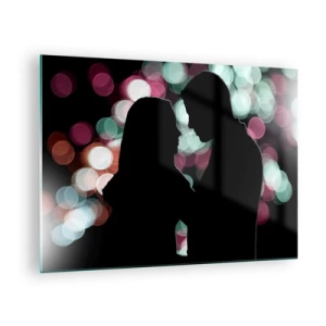 Üveg kép - Egy pár sziluettjei színes bokeh fények hátterében - 70x50cm - Igen! - Modern fali dekoráció nappalihoz és hálószobához ARTTOR