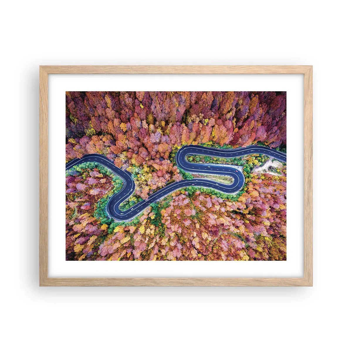 Poszter világos tölgy keretben - Kanyargós út az erdőn keresztül - 50x40 cm