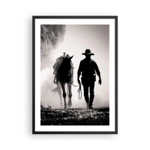 Poszter fehér keretben - Cowboy sziluettje a lovával a reggeli ködben - 50x70cm - Texasi reggel - Modern fali dekoráció nappalihoz és hálószobához ARTTOR