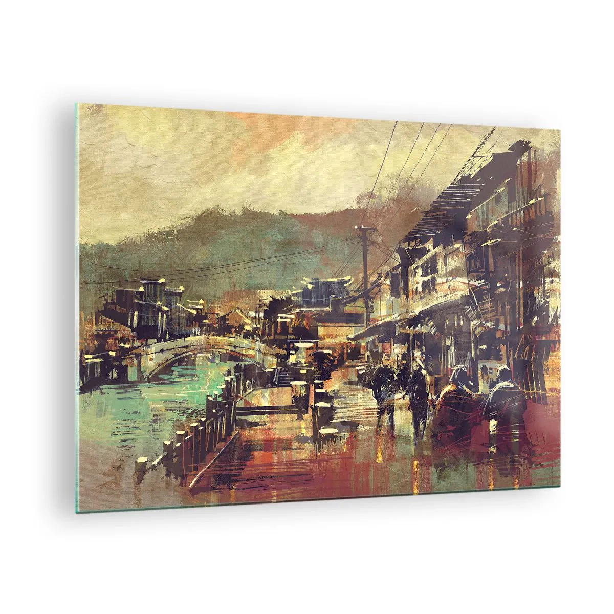 Üveg kép - Festői stílusú utcakép híd- és csatornamotívummal. - 70x50cm - Az élet, mint a szürke gazdagság - Modern fali dekoráció nappalihoz és hálószobához ARTTOR