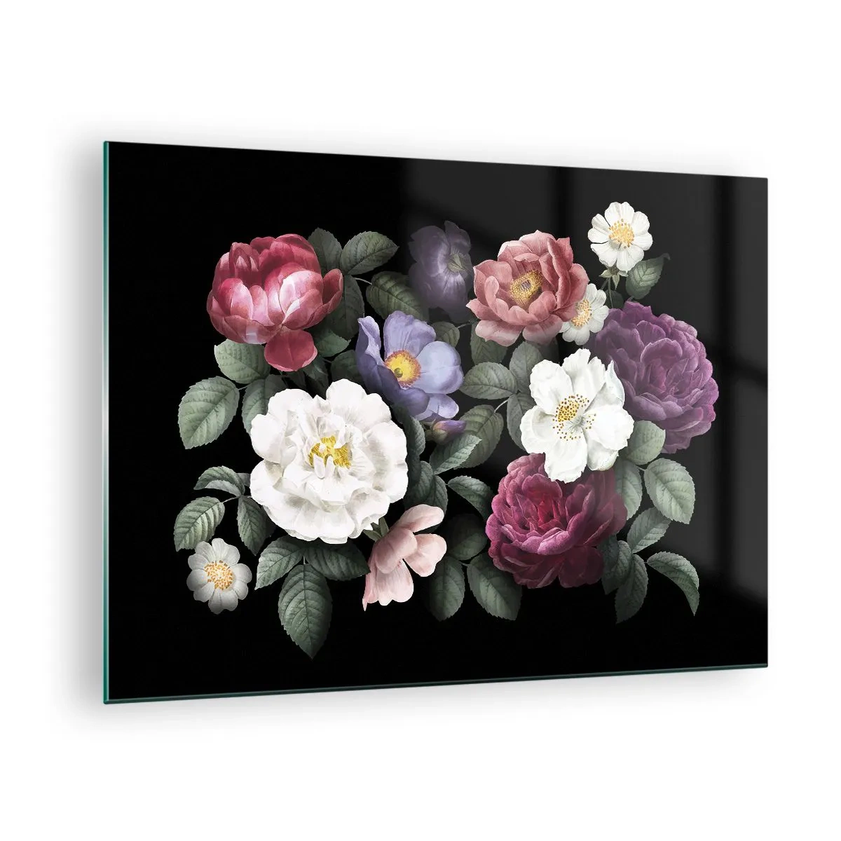 Üveg kép - Virágkompozíció pünkösdi rózsákkal, fekete alapon - 70x50cm - Az angol kertből - Modern fali dekoráció nappalihoz és hálószobához ARTTOR