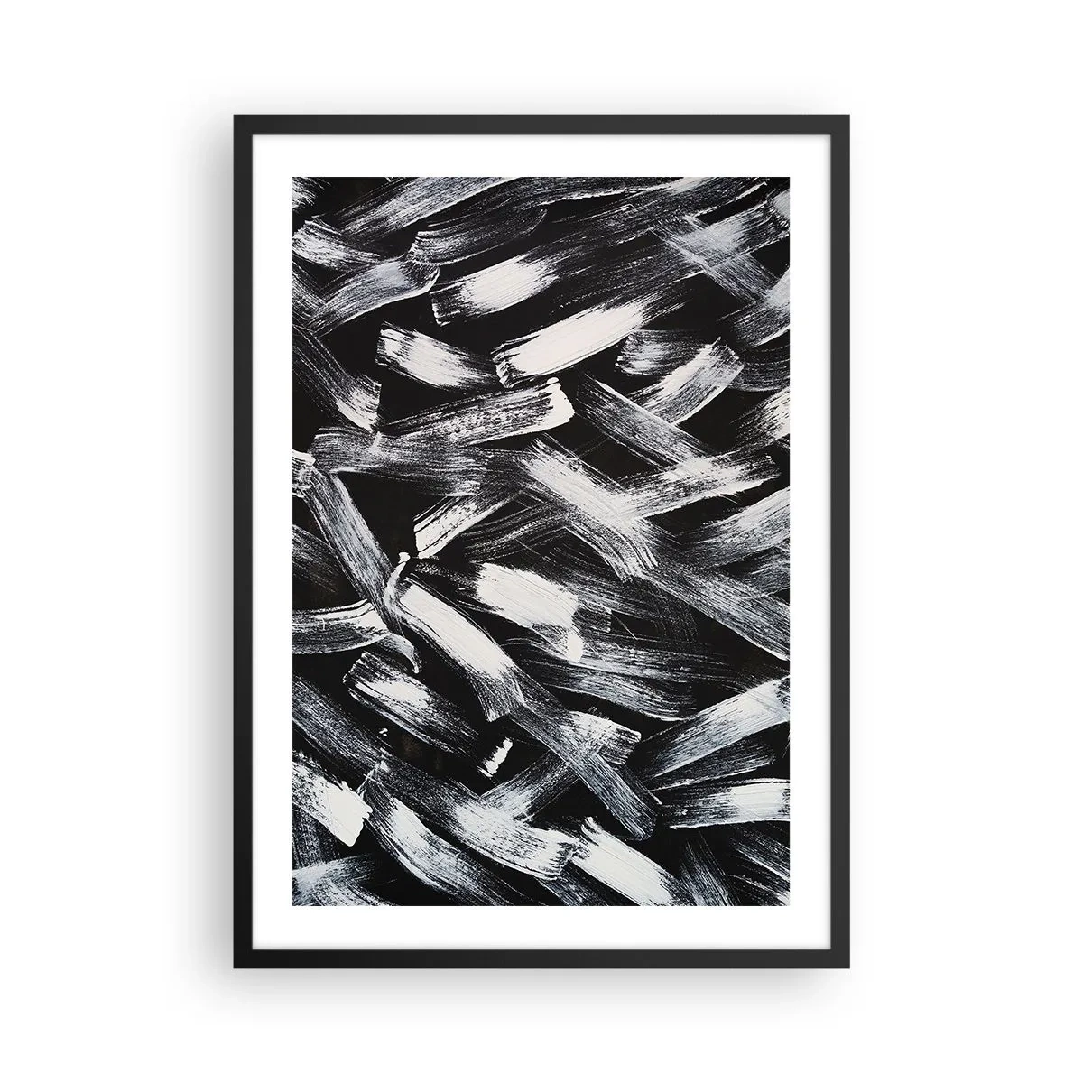 Poszter fehér keretben - Absztrakt fehér ecsetvonások fekete háttéren - 50x70cm - Absztrakció az ipari szellemben - Modern fali dekoráció nappalihoz és hálószobához ARTTOR