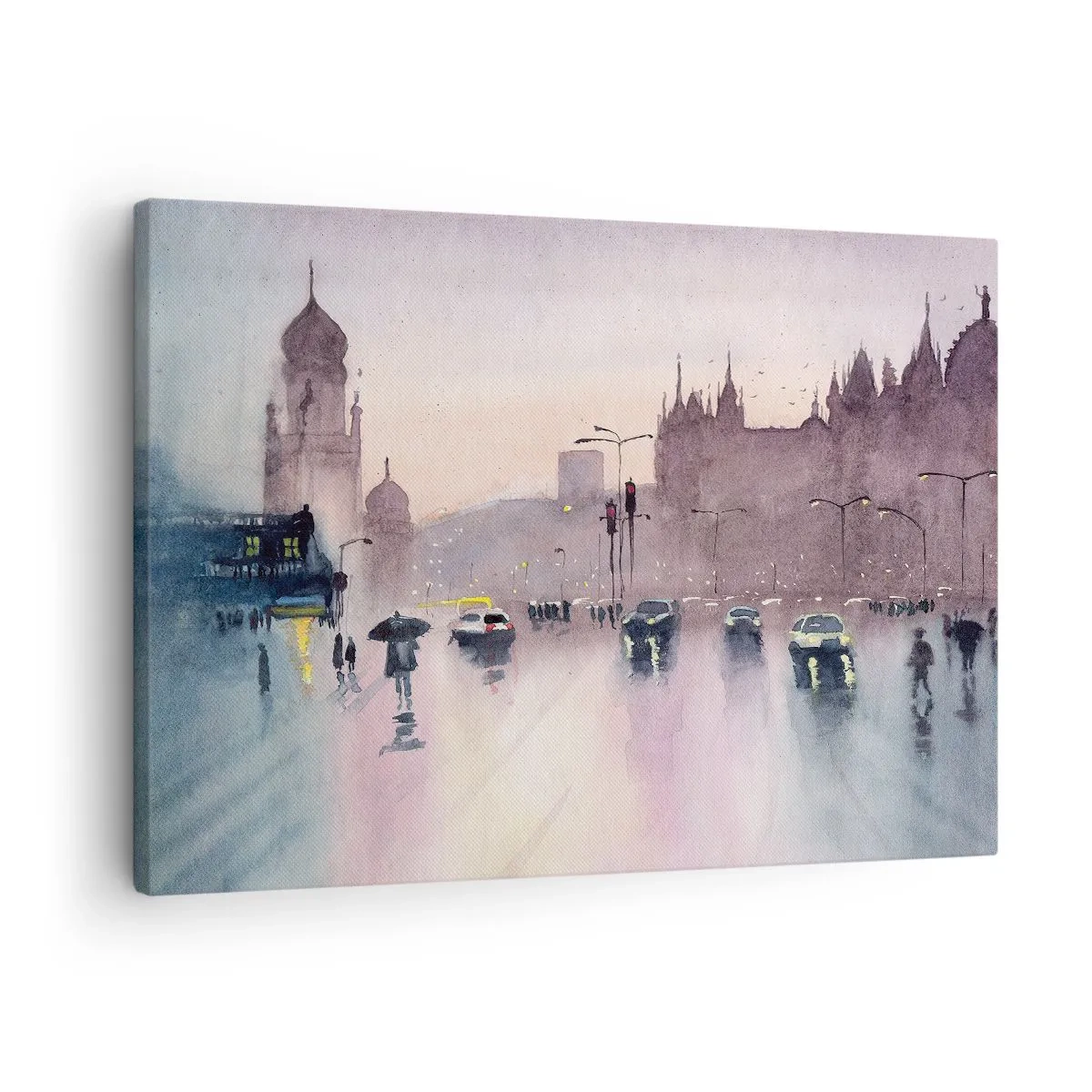 Vászonkép - Egy városi utca alkonyatkor akvarell stílusban - 70x50cm - Az esős ködben - Modern fali dekoráció nappalihoz és hálószobához ARTTOR