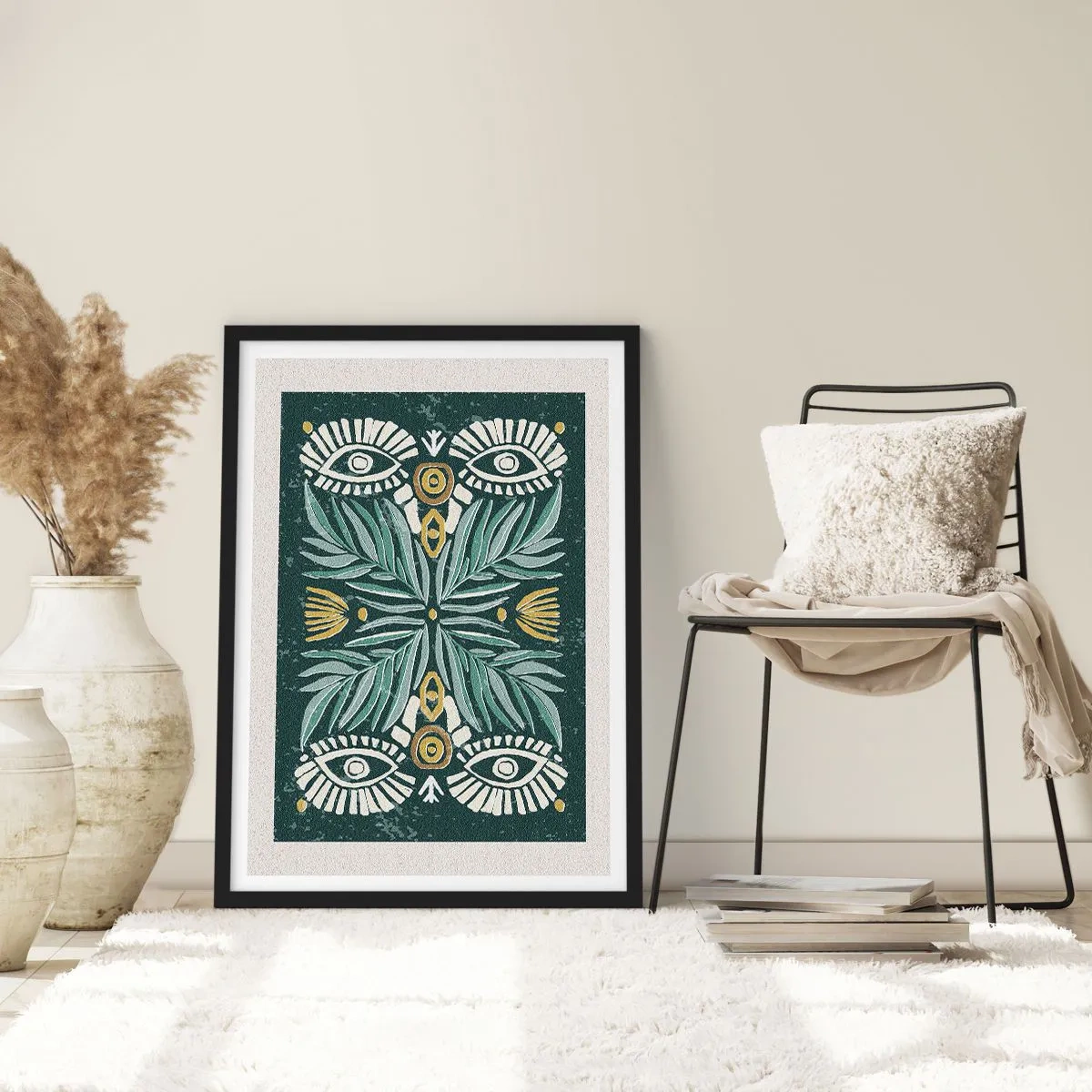 Poszter fehér keretben - Szimmetrikus minta levelekkel és szemekkel sötét háttéren - 50x70cm - Mint egy népi kivágás - Modern fali dekoráció nappalihoz és hálószobához ARTTOR