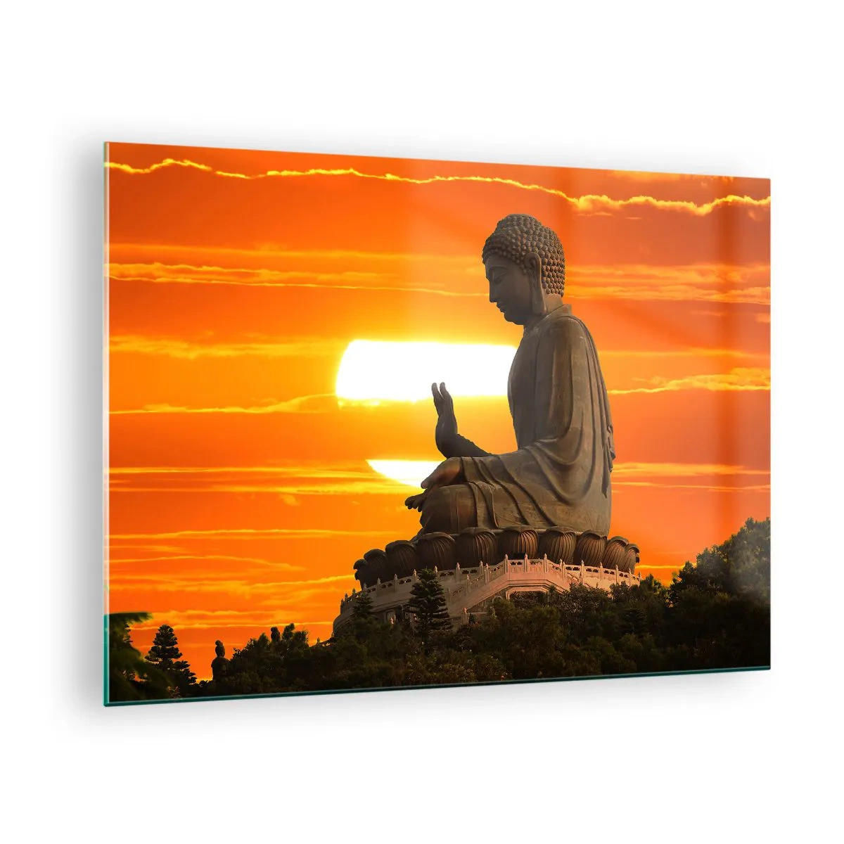 Üveg kép - Buddha-szobor a lenyugvó nap hátterében - 70x50cm - Félelem nélkül a világtól - Modern fali dekoráció nappalihoz és hálószobához ARTTOR