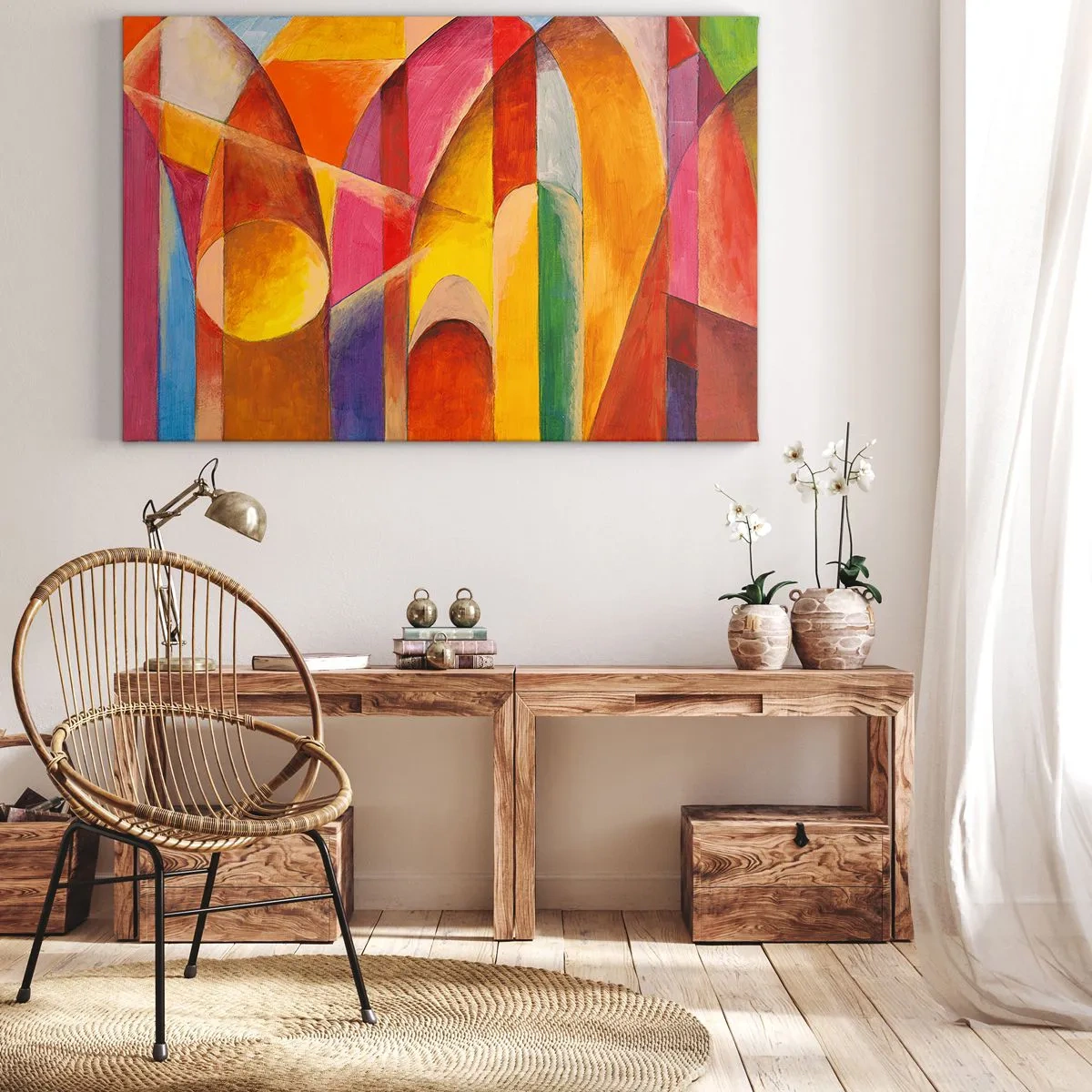 Vászonkép - Egy absztrakt kompozíció, tele színes geometriai formákkal. - 70x50cm - A nap katedrálisa - Modern fali dekoráció nappalihoz és hálószobához ARTTOR