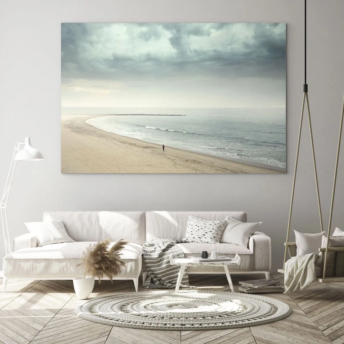 Üveg kép - Egy alak sétál egy üres tengerparton a nyugodt tenger mellett - 70x50cm - A békét keresve - Modern fali dekoráció nappalihoz és hálószobához ARTTOR