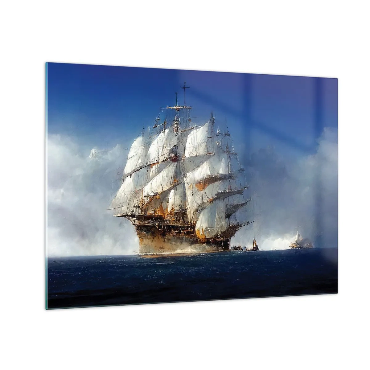 Üveg kép - Egy vitorlás hajó a nyílt tengeren a tengeri köd közepette - 70x50cm - The great glory! - Modern fali dekoráció nappalihoz és hálószobához ARTTOR