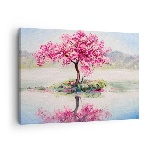 Vászonkép - Egy virágzó fa a csendes vízen - 70x50cm - A tavasz ünnepe - Modern fali dekoráció nappalihoz és hálószobához ARTTOR