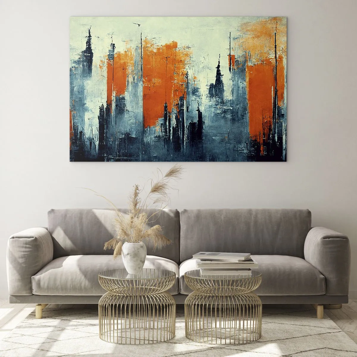 Üveg kép - Modern városi panoráma szürke és narancssárga árnyalatokban - 70x50cm - Kortárs tájkép - Modern fali dekoráció nappalihoz és hálószobához ARTTOR