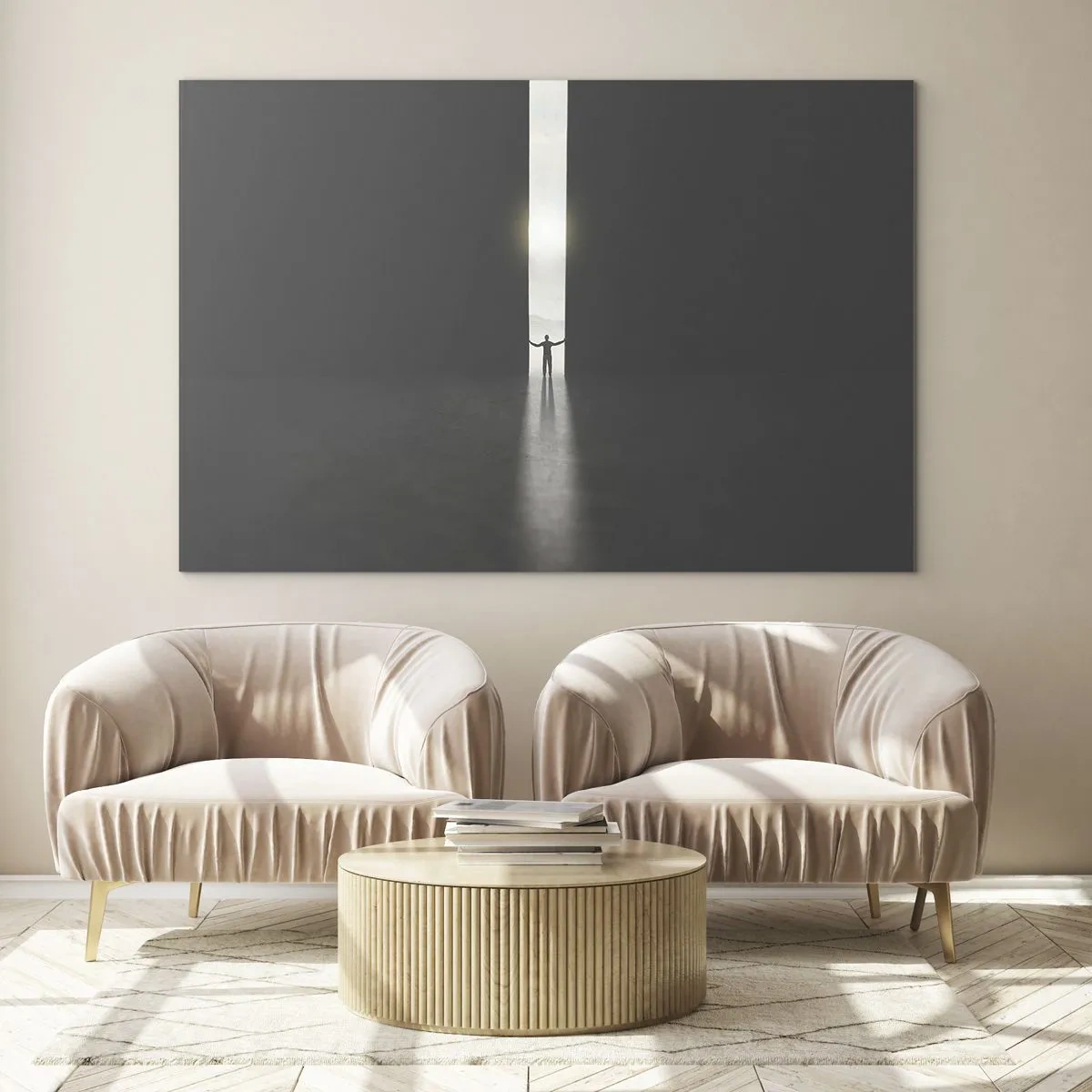 Üveg kép - Egy férfi sziluettje, aki ajtót nyit egy erős fény felé - 70x50cm - Egy lépés a fényes jövő felé - Modern fali dekoráció nappalihoz és hálószobához ARTTOR