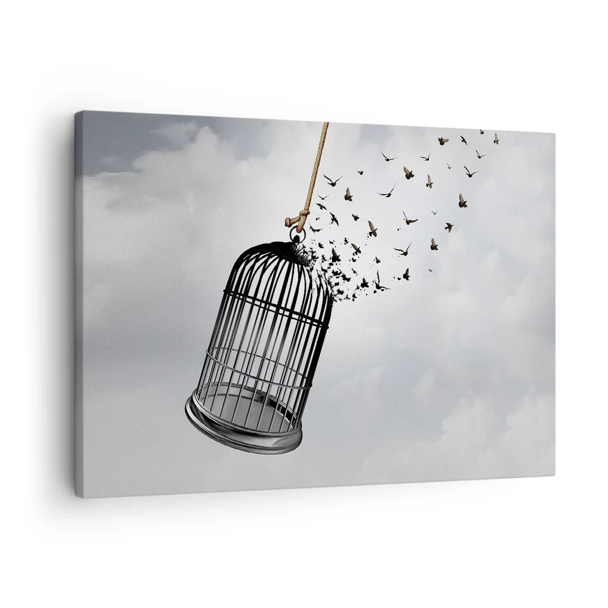Vászonkép - Madarak repülnek ki egy kalitkából az ég ellen - 70x50cm - Hit... Remény... Szabadság! - Modern fali dekoráció nappalihoz és hálószobához ARTTOR