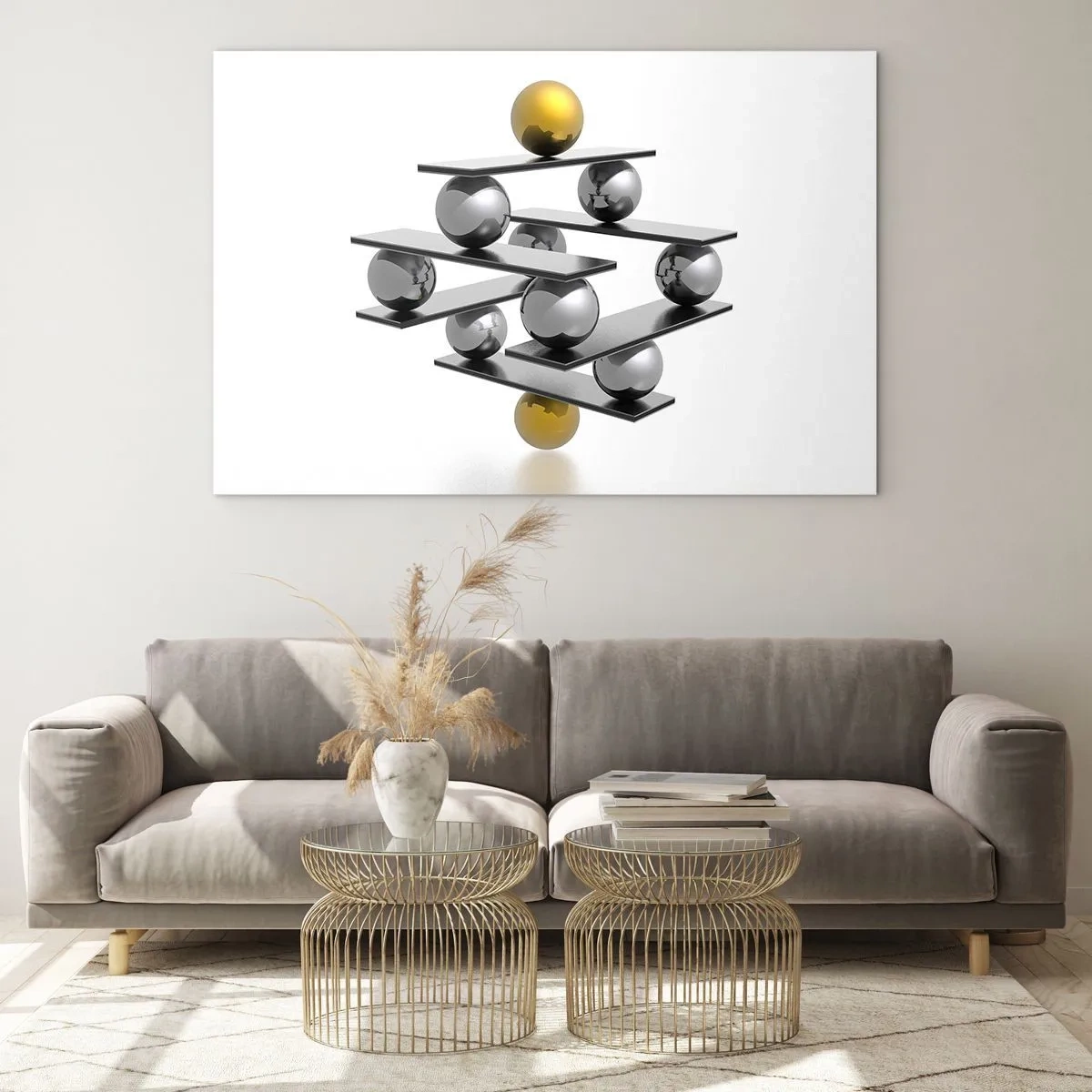 Üveg kép - Geometrikus kompozíció golyókkal és platformokkal fehér alapon - 70x50cm - Arany-ezüst egyensúly - Modern fali dekoráció nappalihoz és hálószobához ARTTOR
