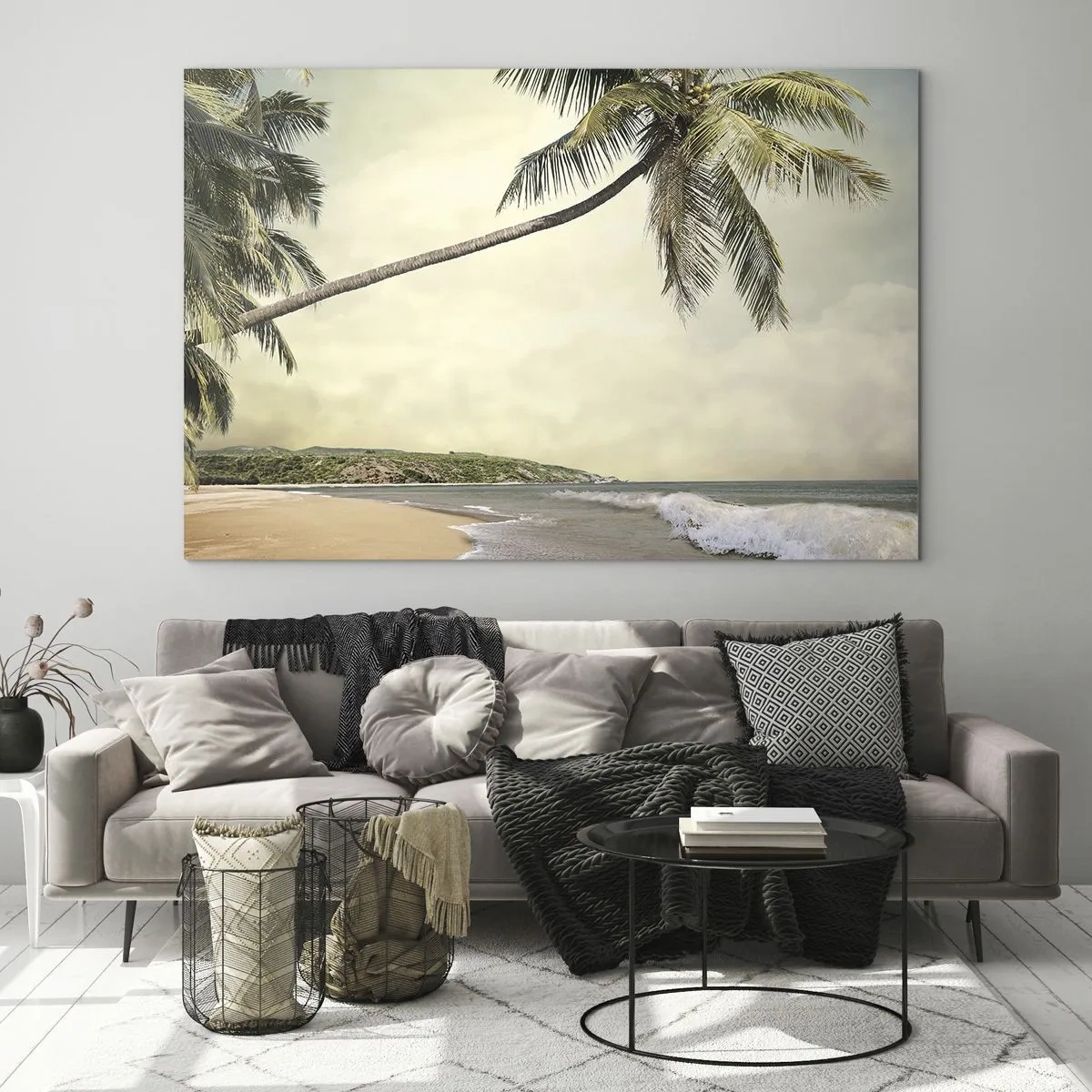 Üveg kép - Trópusi tengerpart pálmafával és hullámokkal - 70x50cm - Trópusi álom - Modern fali dekoráció nappalihoz és hálószobához ARTTOR
