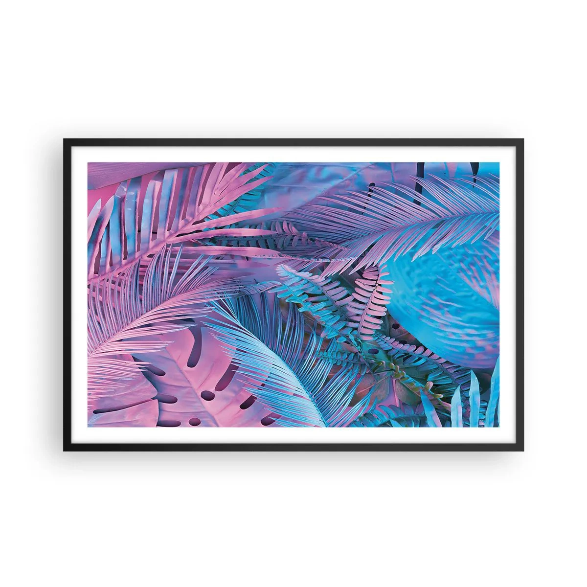 Poszter fehér keretben - Trópusok rózsaszínben és kékben - 91x61 cm