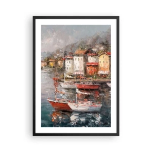 Poszter fehér keretben - Festői kikötő impresszionista stílusú vitorlásokkal - 50x70cm - Romantikus kikötő - Modern fali dekoráció nappalihoz és hálószobához ARTTOR