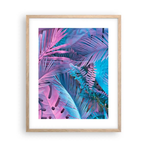 Poszter világos tölgy keretben - Trópusok rózsaszínben és kékben - 40x50 cm