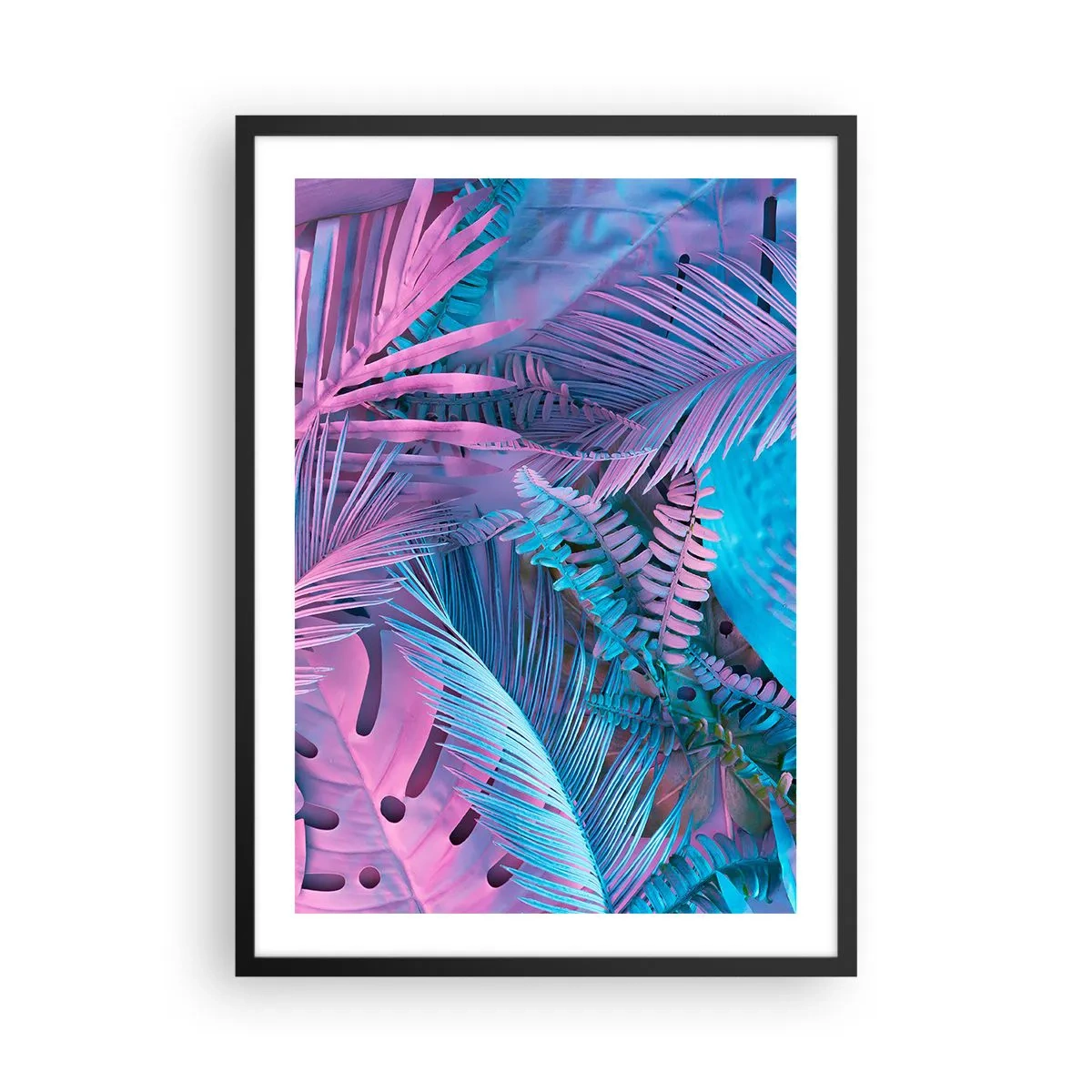 Poszter fehér keretben - Színes trópusi levelek neon rózsaszín és kék árnyalatokban - 50x70cm - Trópusok rózsaszínben és kékben - Modern fali dekoráció nappalihoz és hálószobához ARTTOR