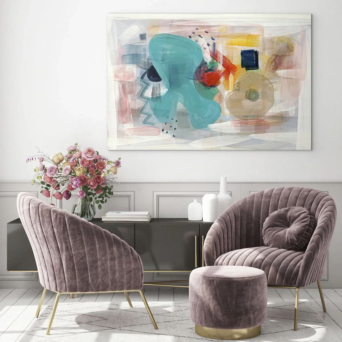 Üveg kép - Színes absztrakció türkiz, piros és bézs foltokkal. - 70x50cm - Színes játék - Modern fali dekoráció nappalihoz és hálószobához ARTTOR