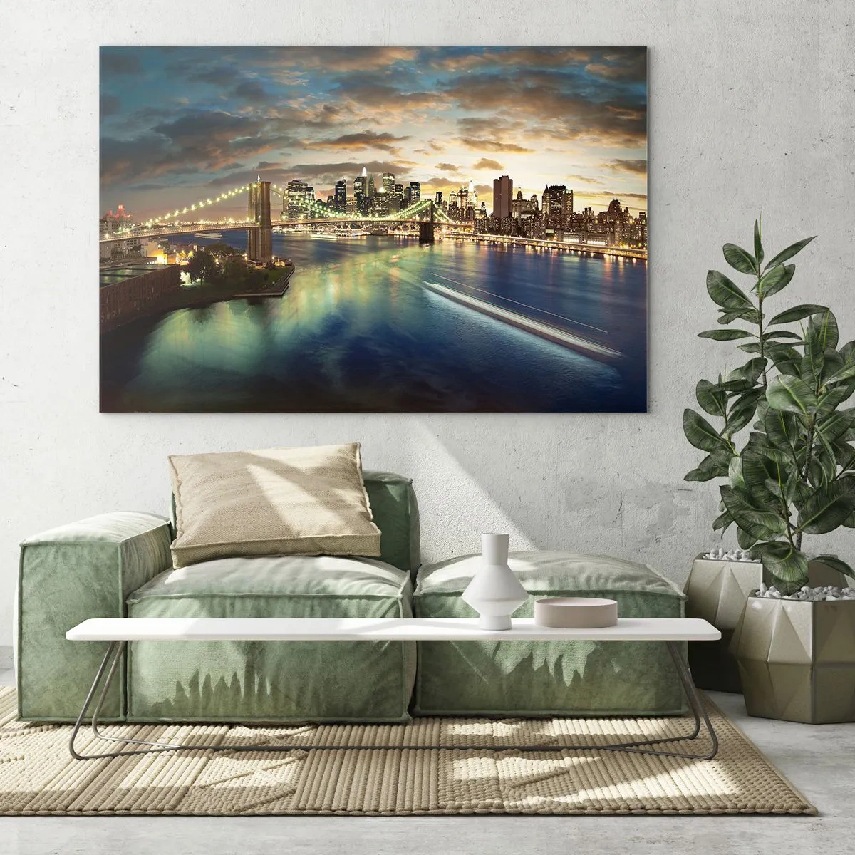 Üveg kép - Kilátás a hídra és a városra naplementekor - 70x50cm - Fényes este Manhattan felett - Modern fali dekoráció nappalihoz és hálószobához ARTTOR
