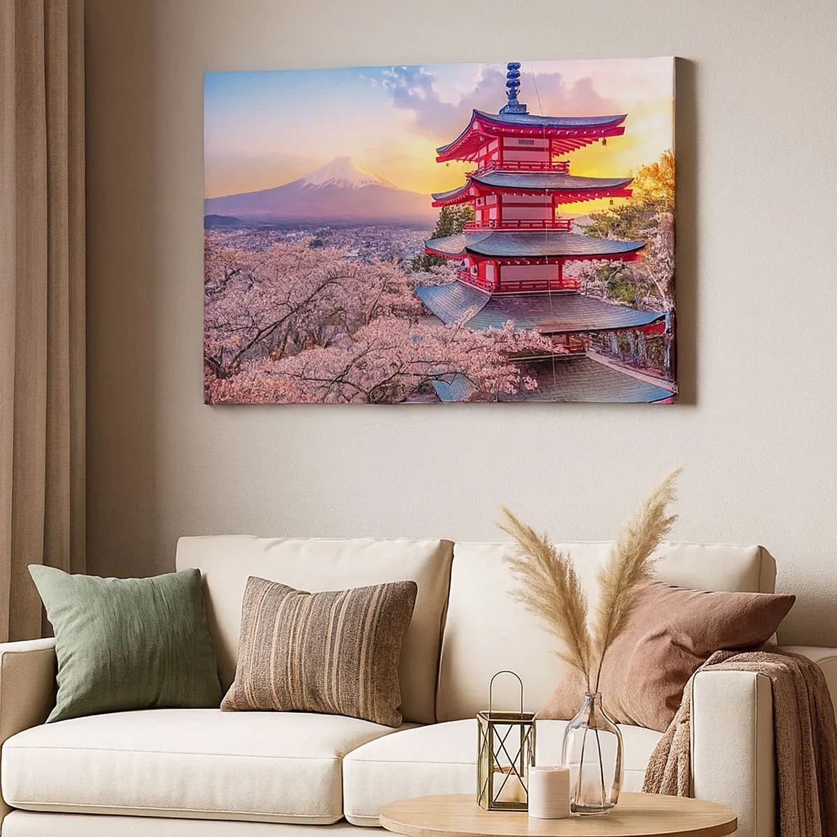 Vászonkép - Egy pagoda Japánban cseresznyevirágzással és a Fuji-heggyel - 70x50cm - A japán lélek lényege - Modern fali dekoráció nappalihoz és hálószobához ARTTOR
