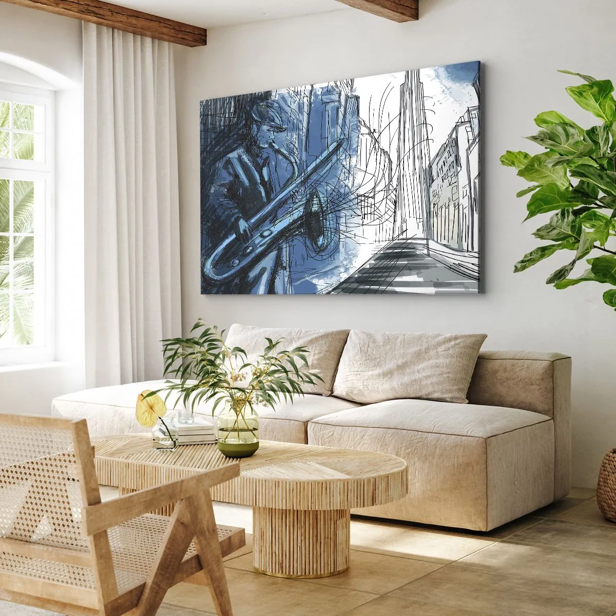 Vászonkép - Egy alak szaxofonon játszik egy város hátterében - 70x50cm - Városi rapszódia - Modern fali dekoráció nappalihoz és hálószobához ARTTOR