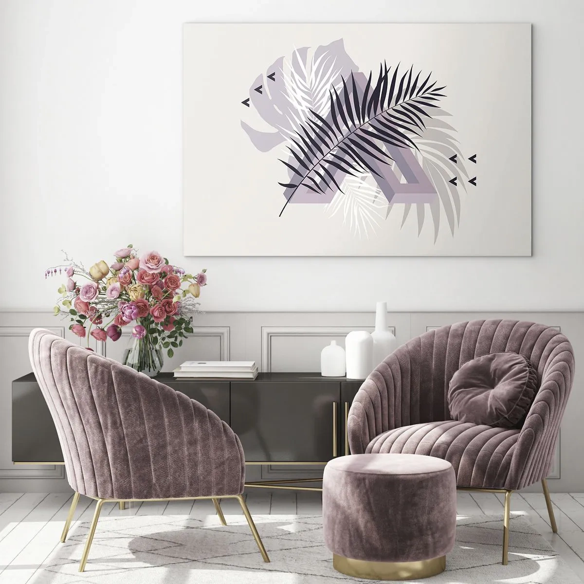 Üveg kép - Minimalista kompozíció pálmalevelekkel és geometrikus formákkal. - 70x50cm - Az árnyék árnyéka - Modern fali dekoráció nappalihoz és hálószobához ARTTOR