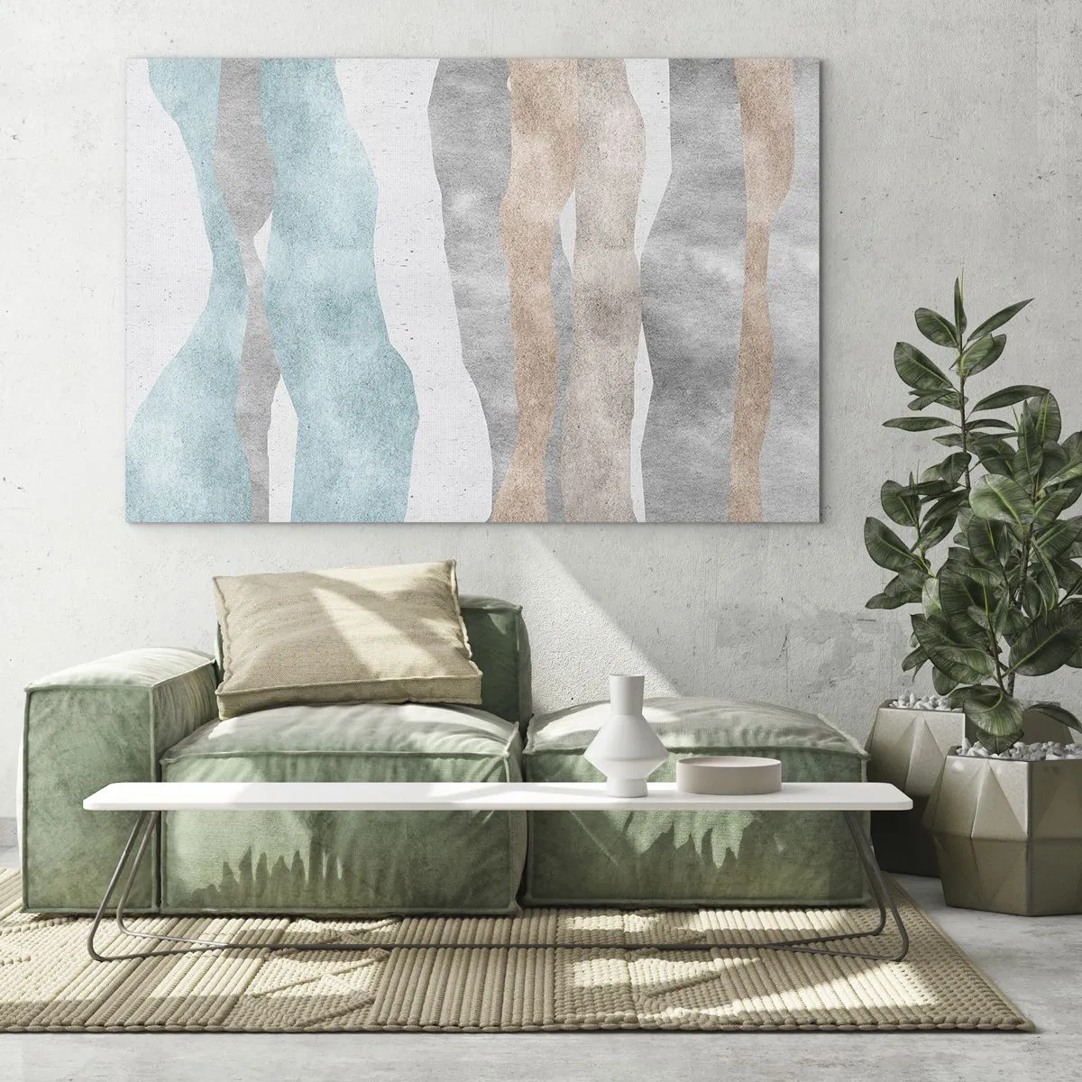 Üveg kép - Finom csíkok bézs és kék árnyalatokban - 70x50cm - A meghittség tanulmánya - Modern fali dekoráció nappalihoz és hálószobához ARTTOR