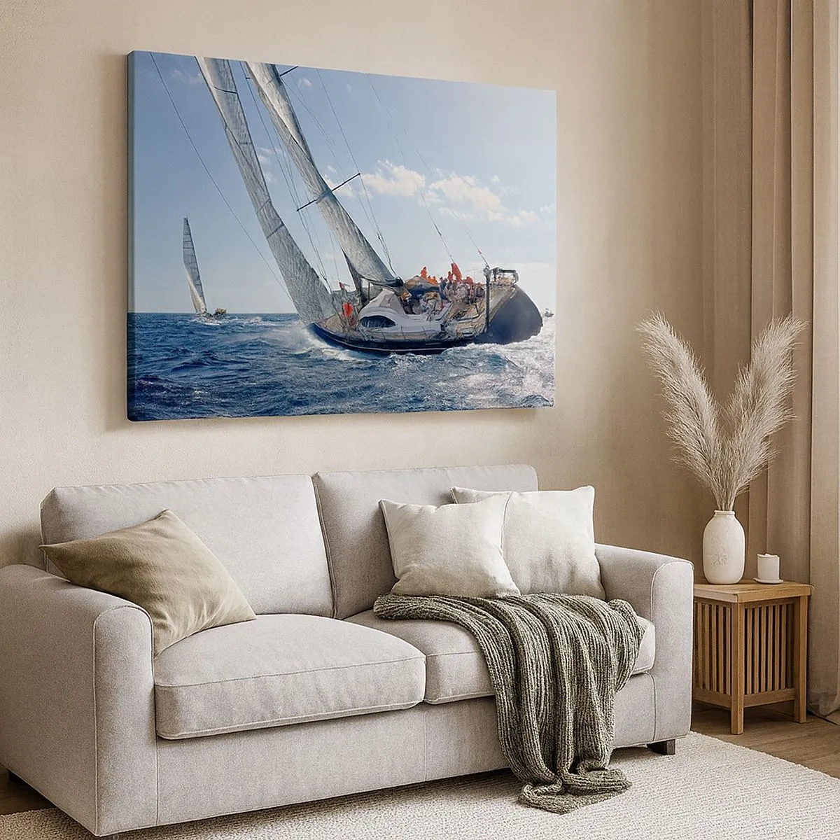 Vászonkép - Yachtverseny a nyílt tengeren, kék ég alatt - 70x50cm - Győzzön a jobbik - Modern fali dekoráció nappalihoz és hálószobához ARTTOR