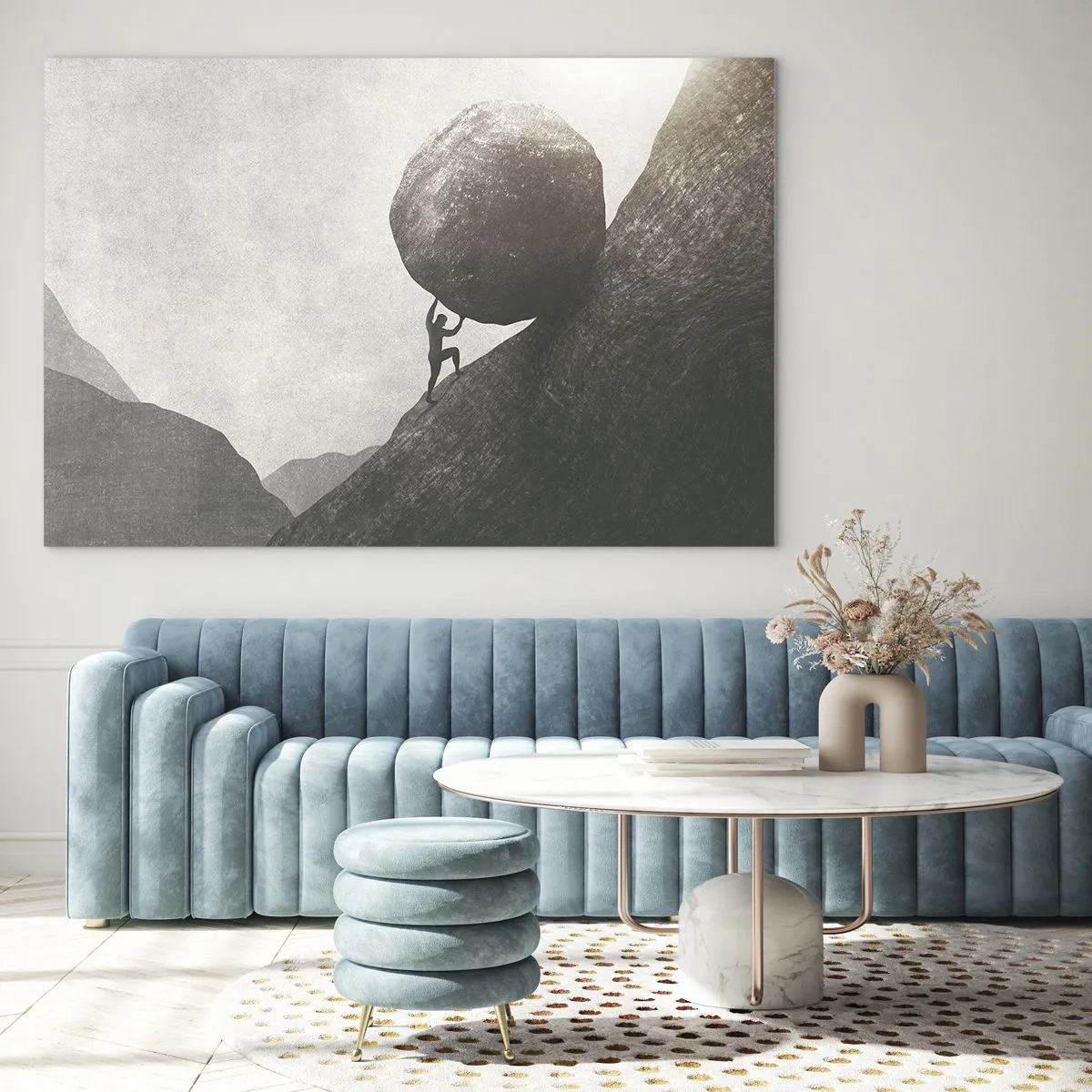 Üveg kép - Egy alak egy sziklát tol felfelé egy hegyi tájnak háttal - 70x50cm - Hiszek minden remény ellenére - Modern fali dekoráció nappalihoz és hálószobához ARTTOR