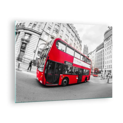 Üveg kép - Egy piros busz mozgásban London utcáinak hátterében - 70x50cm - London hagyományosan - by bus - Modern fali dekoráció nappalihoz és hálószobához ARTTOR